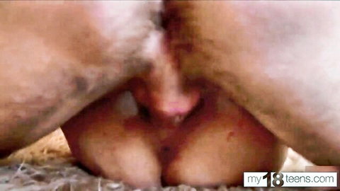 Close-up of skinny teen's shaved pussy pounded by hung cock