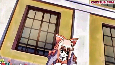 Cute hentai schoolgirl with pink cat ears and bow, surprised expression