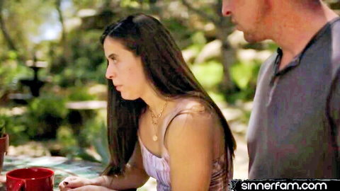 Brunette stepdaughter in sundress seduced by stepdad outdoors