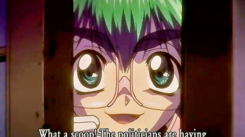 Hentai girl with green hair and glasses peeking through door with sly smile