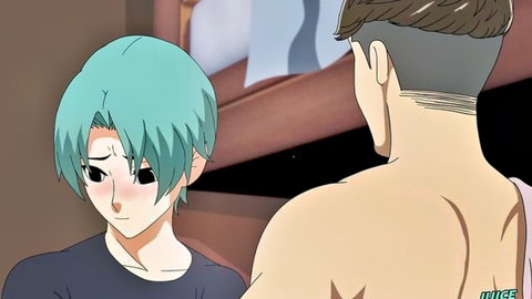 Blushing teal-haired anime femboy gazes at muscular man's bare tattooed back