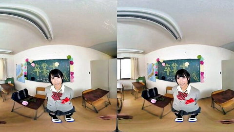 Petite Japanese schoolgirl in sailor uniform squats with legs spread teasing in classroom POV VR