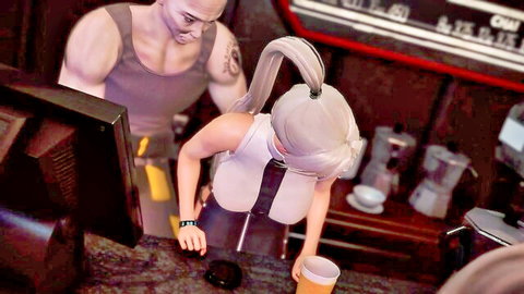 Muscular tattooed man groping curvy ponytail waitress in revealing cafe uniform