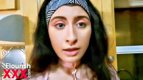 Angeline Red in stepdaughter tease with collar and chain, seductive gaze