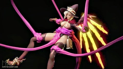 Mercy from Overwatch bound by tentacles, topless witch cosplay hentai