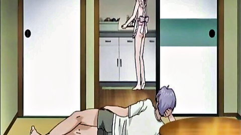 Anime submissive maid in apron teases leashed master on floor indoors