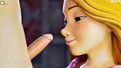 3D Animated Rapunzel blonde giving blowjob close-up in purple dress