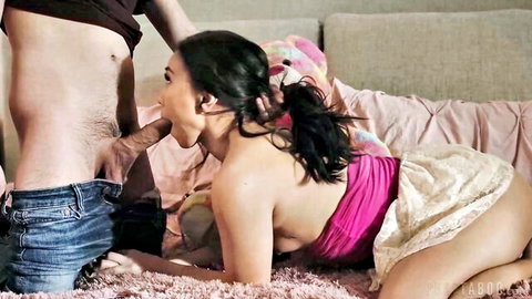 Kimmy Kimm gives blowjob to Juan Loco's hard cock in pink dress