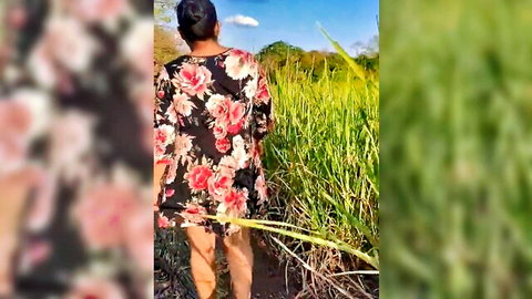 Latina virgin in floral dress teasing outdoors in field, BBC encounter tease