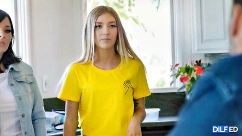 Blake Blossom in yellow top with brunette in Milfed threesome preview