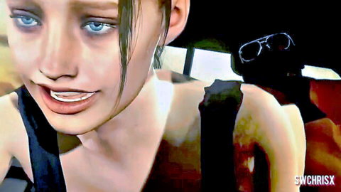 Claire Redfield cosplay smiling in black outfit, secret ending scene