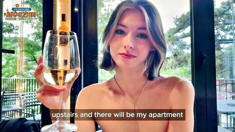 Beauty Kim topless holding wine glass in seductive dinner pose