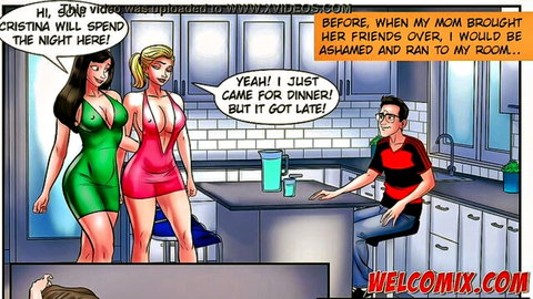 Nerdy guy with stepmom's busty brunette and hot blonde friends in tight dresses