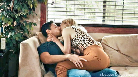 Mona Wales blonde in leopard top kissing man passionately on lap
