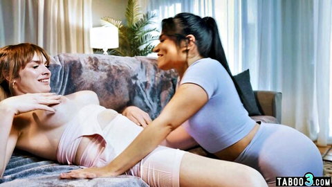 Blake Lovely and Latina Summer Col intimate lesbian play on couch