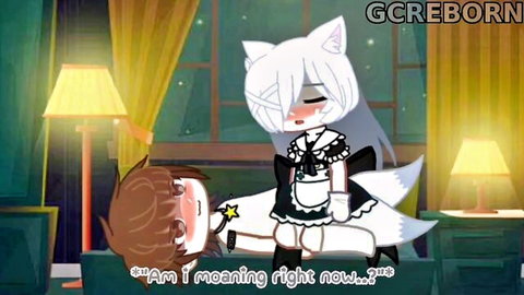 Gacha neko maid in black dress straddles blushing brown-haired boy intimately