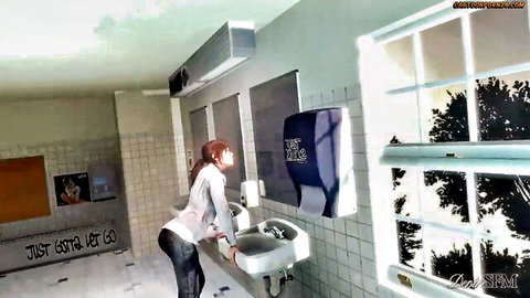 Lara Croft student bends over sink in tight jeans, POV tease in bathroom