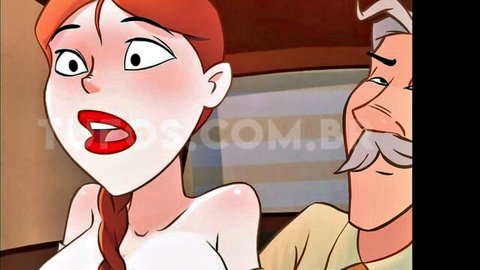 Shocked anime redhead with small tits screams in car with old man
