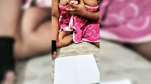 Sri Lankan aunty in pink towel exposes big tits tutoring stepson