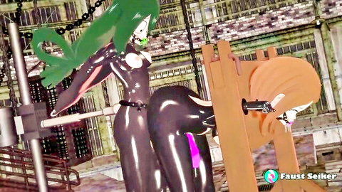 Animated green-haired latex dominant strap-on fucking orange-haired submissive in BDSM stocks