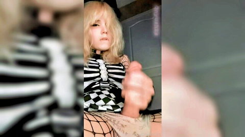 Onyushka in sexy skeleton Halloween costume, blonde in fishnets touching herself