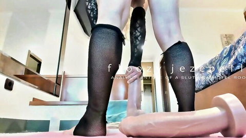 Floozyjezebelle riding huge dildo in black fishnet stockings