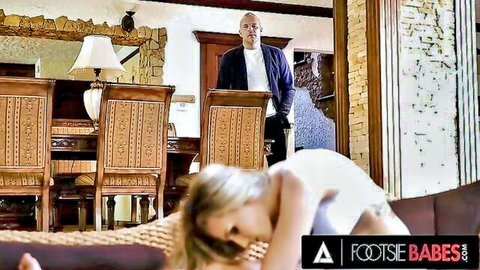 Gorgeous blonde babe fucks cock with feet and tight pussy