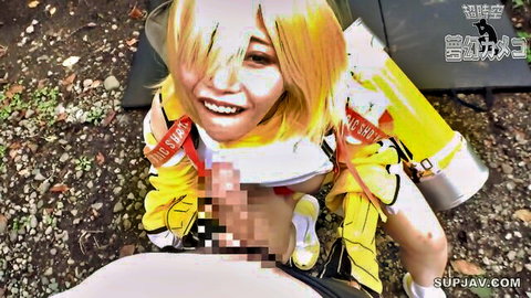 Blonde cosplay Asian woman in yellow uniform during intense sex, smiling in ecstasy