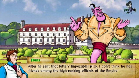 Anime scene of Frozen's Hans chatting with genie-like character in palace gardens