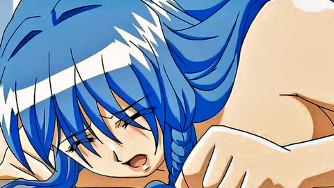 Ecstatic blue-haired anime girl with braids in hentai ecstasy close-up