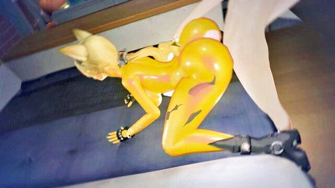 3D CGI yellow latex neko catgirl in doggy style with huge shiny ass grabbed by man behind