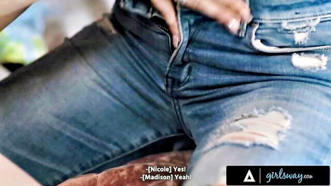 Lesbian babe unzips ripped jeans fingering pussy in Girlsway scene with Nicole and Madison