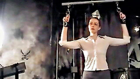 Redhead Catherine with large boobs tied up in see-through blouse BDSM scene
