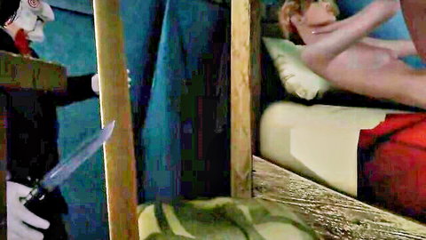 Masked intruder with knife threatens naked redhead in bed, horror erotica