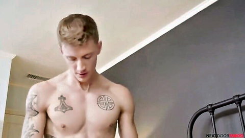 Blond muscular stepbro shirtless with tattoos, teasing pose