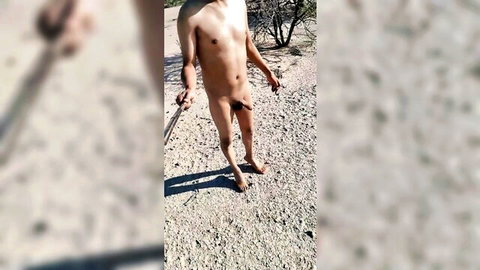Nude trans woman walking outdoors, slim body, visible genitals, hot ass and legs