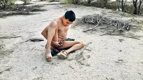 Hot trans woman naked in public inserting thick vibrator anally with high heels