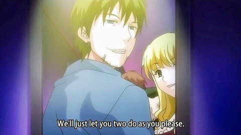 Anime couple smiling intimately in hentai scene from Seiso de Majime na Kanojo