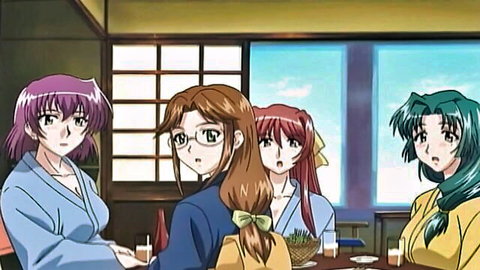 Four busty anime girls in tight yukatas chatting at table with drinks