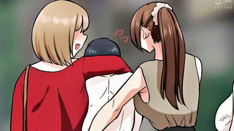 Anime hentai thumbnail: two flirty senpais with blonde and brown hair embrace shy black-haired guy