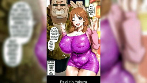 Busty orange-haired anime girl in purple dress with ugly older man, motion comic style