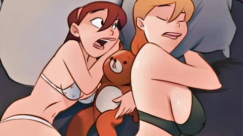 Busty anime redhead and blonde in bikinis cuddling with teddy bear in bed
