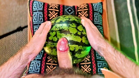 Hairy man POV fucks watermelon as improvised sex toy