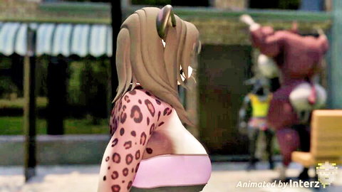 Animated fantasy girl with horns in leopard print and pink top, muscle growth scene by Interz, 75 chars
