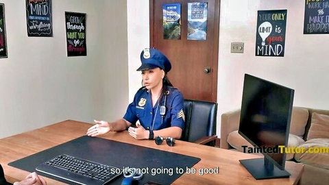 Brandy Salazar as busty cop MILF in tight police uniform at desk