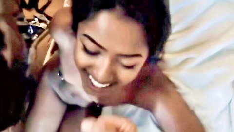 Skinny brown girl smiling as white guy gives her facial cumshot
