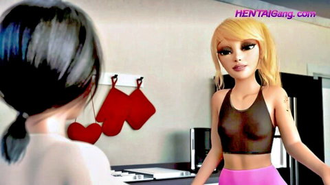 Blonde futa in see-through top teases black-haired anime girl in kitchen, 2024 hentai