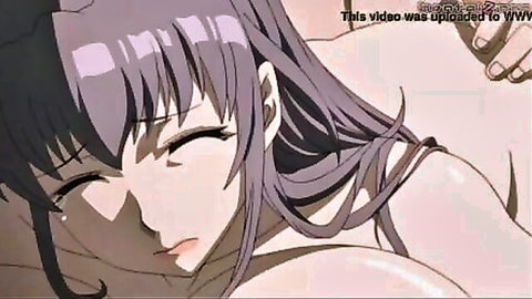 Seductive purple-haired hentai girl with large breasts in intimate embrace, uncensored anime sex scene