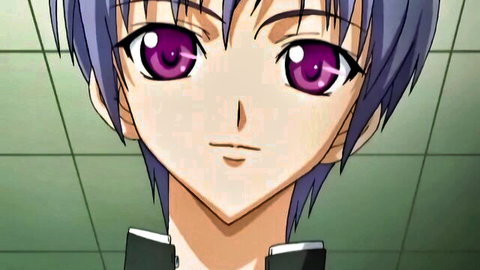 Anime schoolgirl close-up with purple eyes and short silver hair
