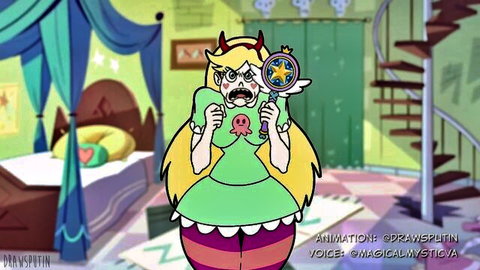 Star Butterfly in green dress, holding wand and mirror, shocked expression in bedroom